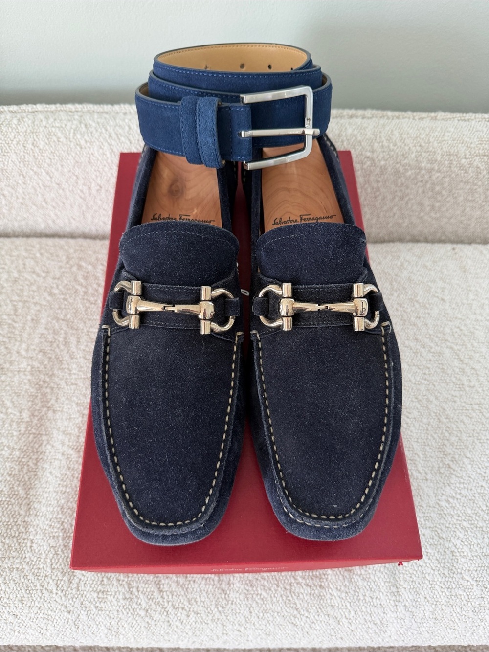 Salvatore Ferragamo Navy Suede Bit Loafers with Matching Blue Belt
